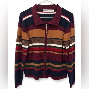 Vintage Karen Lessly Full Zip Knit Striped Cardigan Sweater Medium Collared 90's